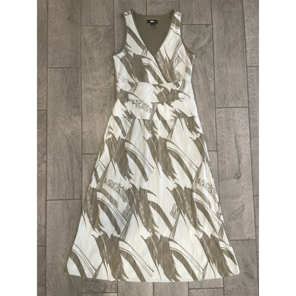 DKNY Womens Abstract Brushstroke Pleated V-Neck Midi‎ Dress Olive Ivory XS
